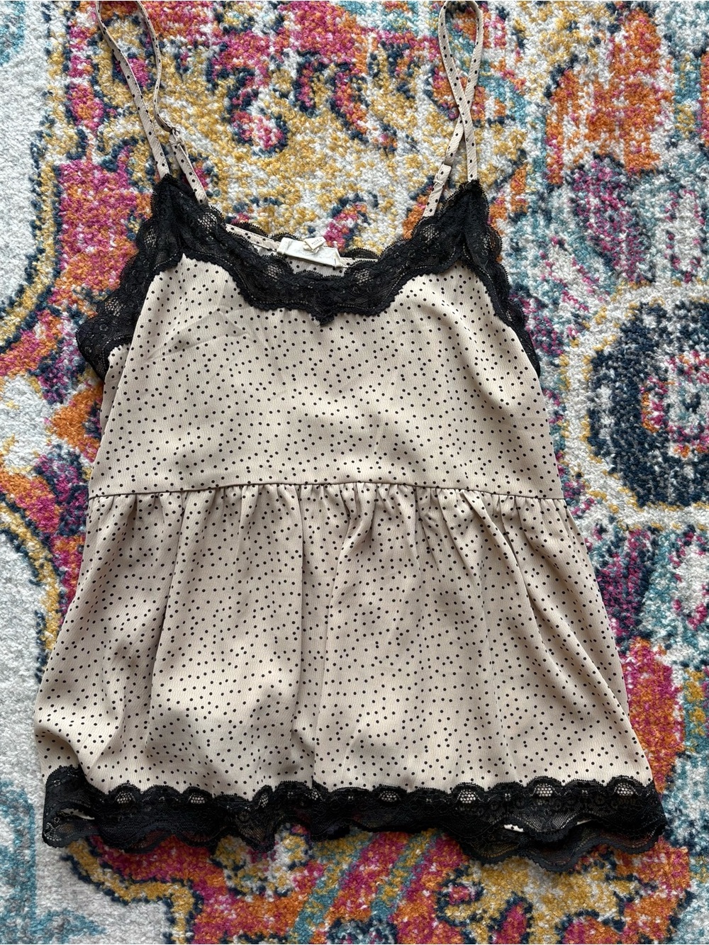 Beige Polka Dot Lace Trim Cami Top